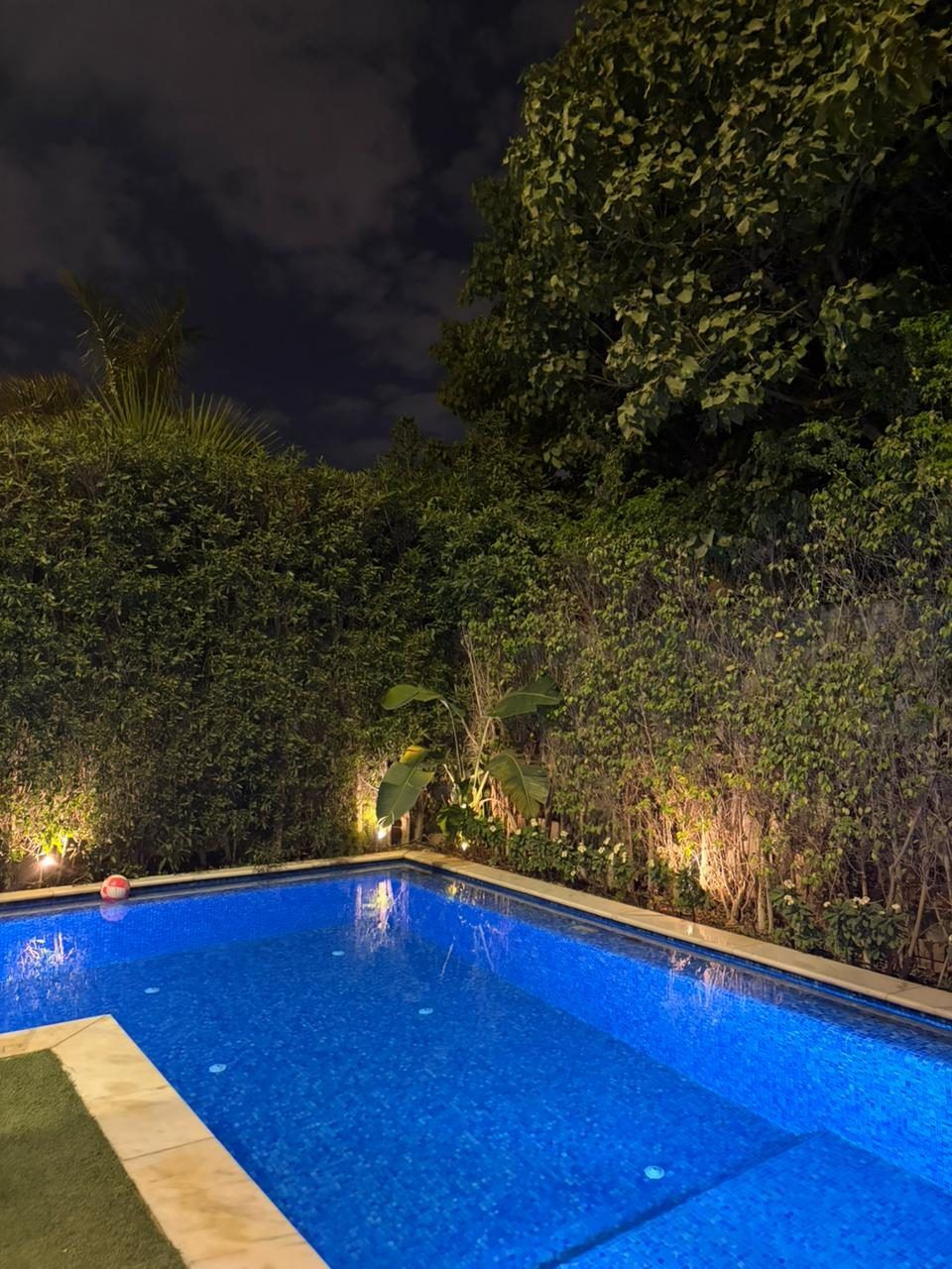 Blue mosaic pool with landscape lighting at night