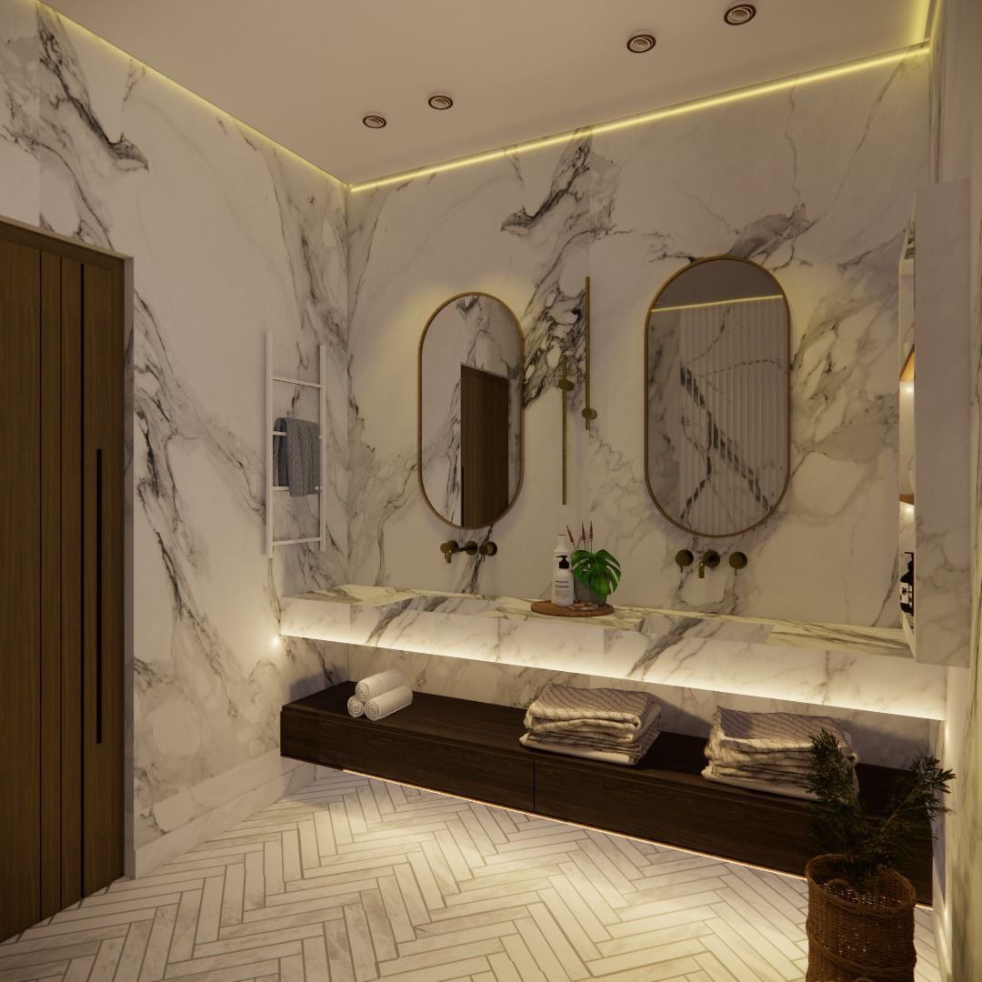 Design render: bathroom vanity seen from the door