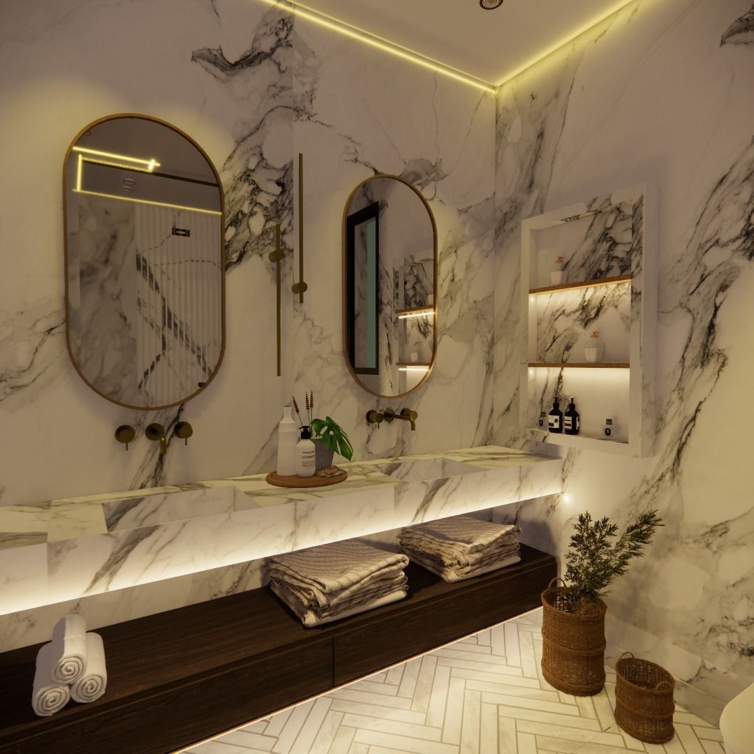 Design render: marble bathroom with floating vanity and oval mirrors