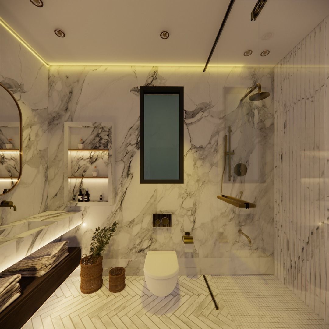 Design render: marble bathroom with walk-in shower and herringbone floor