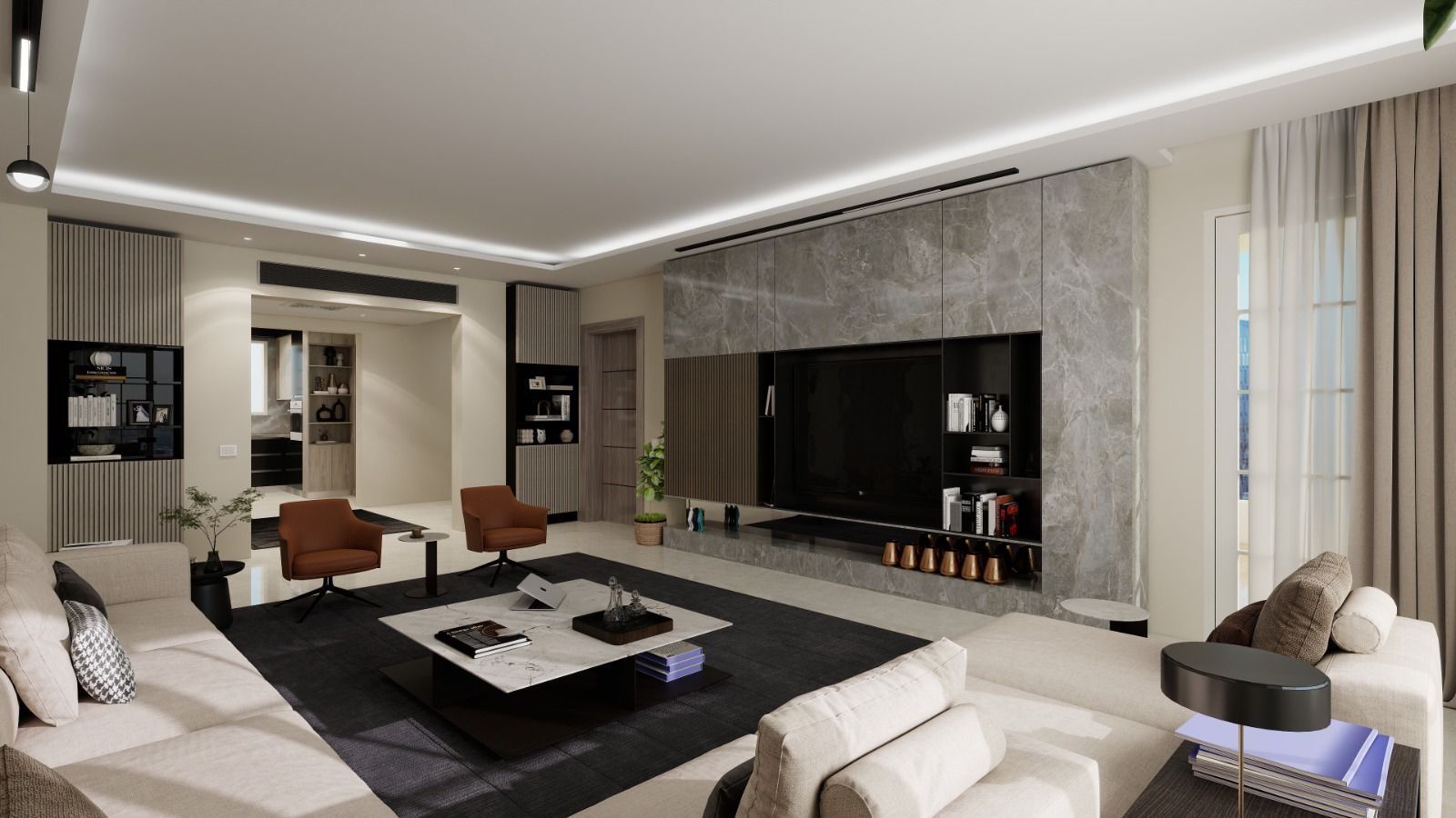 Design render: living room seen from the seating area