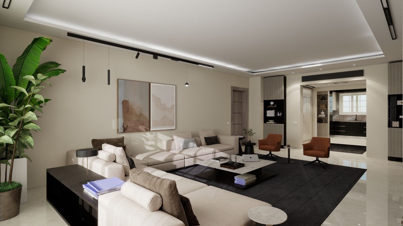 Design render: open living area with track lighting